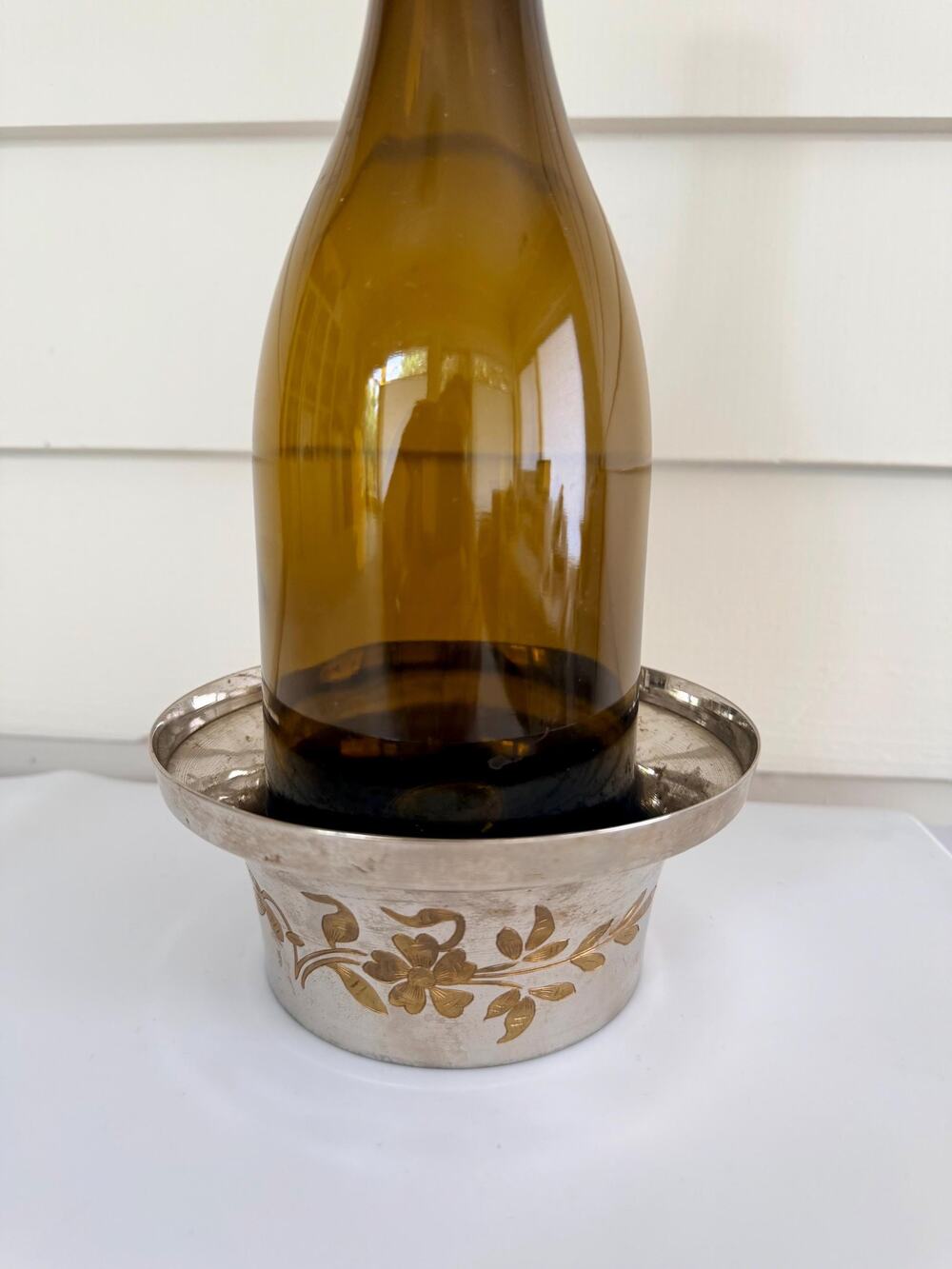 Vintage Etched Brass Inlay Wine Coaster Floral Hollywood Regency Catchall